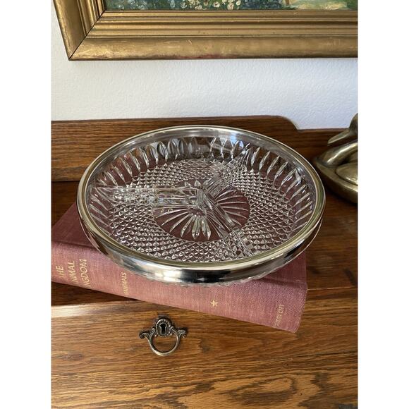 Vintage Cut Crystal Sectioned Relish Dish Silver Rim Italy Dish With Feet - Picture 1 of 4